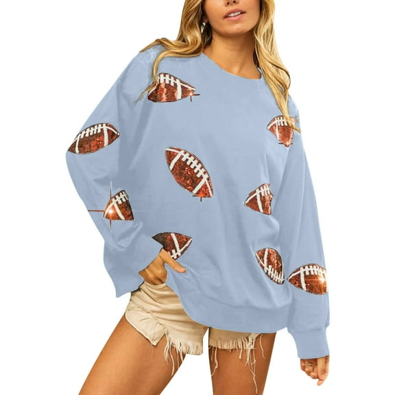 BODOAO Womens Sparkle Football Sequin Rugby Sweatshirt Game Day Y2K Crewneck Oversized Shirt Long Sleeve Loose Pullover Sequin Rugby Sweatshirt Crewneck Oversized Shirt Fleece Pullover Light Blue S