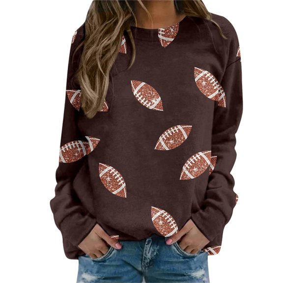 BODOAO Womens Sparkle Football Sequin Rugby Sweatshirt Game Day Y2K Crewneck Oversized Shirt Long Sleeve Loose Pullover Women's Casual Convention for Tarot and Brews Classic Sweatshirt Brown Xl