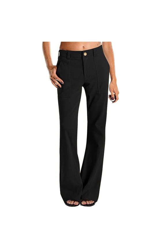 Womens Straight Leg Pants Button Business Casual Work Trousers High Waist Slacks Twill Pants Casual High Waisted Chino Pants Button Down Straight Leg Work Trousers with Black L