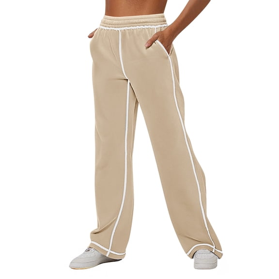 BODOAO Womens Sweatpants Baggy Soft Lightweight Straight Leg Lounge Pants Stitching Wide Leg Sweatpants Women Casual Loose Sports Comfortable High Waisted Jogging Pants with Pockets Khaki L