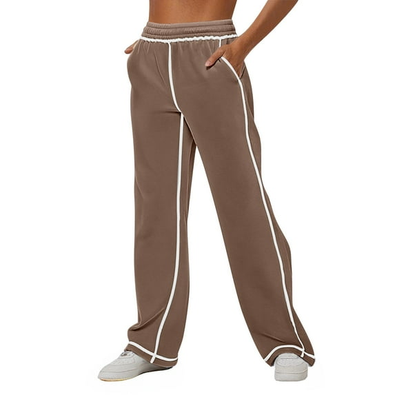 BODOAO Womens Sweatpants Baggy Soft Lightweight Straight Leg Lounge Pants Stitching Wide Leg Sweatpants Women Casual Loose Sports Comfortable High Waisted Jogging Pants with Pockets Coffee Xxl