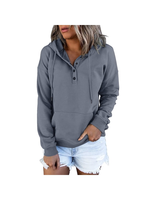 Womens V Neck Button Down Hoodies Shirt Oversized Long Sleeve Hooded Henley Shirt Drawstring Pullover Tops Long Down for Pocket Sweatshirts Pullover Sleeve Button V Neck & Sweatshirts Grey Xxl