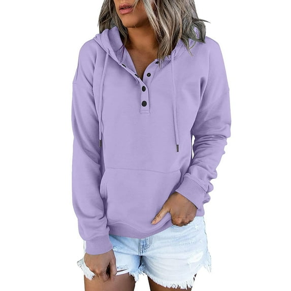BODOAO Womens V Neck Button Down Hoodies Shirt Oversized Long Sleeve Hooded Henley Shirt Drawstring Pullover Tops Sweatshirts Pullover Sleeve Button Down V Neck & Sweatshirts Purple 3Xl