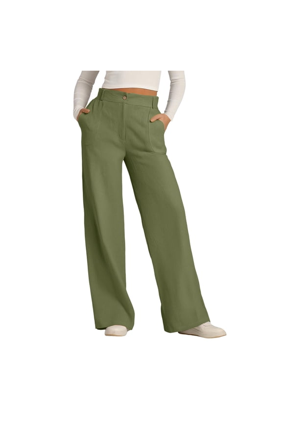 Womens Wide Leg Dress Pants 2025 Business Casual Flowy Work Palazzo Pants High Waisted Slacks Trousers Solid Colored Cotton and Linen Button Down Long Pants with Loose Outer Pockets Green S