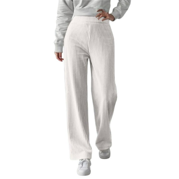 BODOAO Womens Wide Leg Pants Casual Ribbed Elastic Waist Lounge Pants Loose Knit Cute Pajama Bottoms Ribbed Knit Pants Elastic High Waist Wide Leg Thermal Lined Long Trousers White Xl
