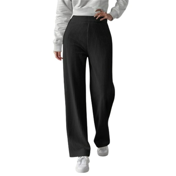 BODOAO Womens Wide Leg Pants Casual Ribbed Elastic Waist Lounge Pants Loose Knit Cute Pajama Bottoms Ribbed Knit Pants Elastic High Waist Wide Leg Thermal Lined Long Trousers Black M