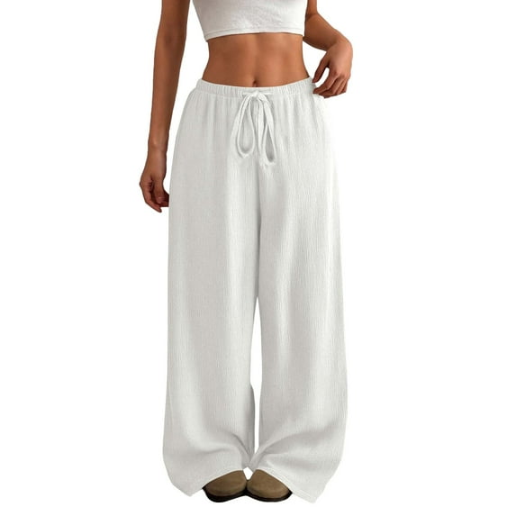 BODOAO Womens Wide Leg Sweatpants Casual High Waist Baggy Track Pants Loose Fit Drawstring Palazzo Lounge Pants Solid Casual Pants Straight Leg Lightweight Loose Trousers with Pockets White S