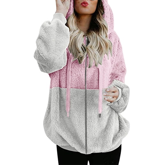 BODOAO Womens Winter Fleece Jackets Plus Size Coats Oversized Zip Up Hoodies Lightweight Sherpa Jacket Warm Overcoats Double Faced Plush Pocket Long Sleeve Jacket Sweatshirt Cardigan Pink 4Xl