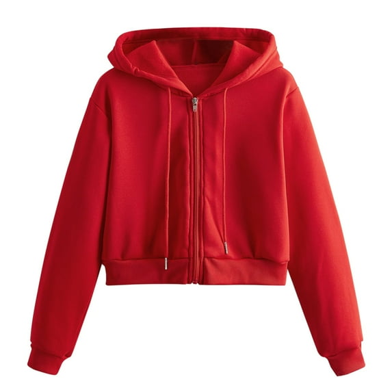 BODOAO Womens Zip Up Hoodies Jackets Cropped Sweatshirts Fleece Fall Outfits Casual Comfy Y2K Tops Winter Clothes 2025 Women Casual Solid Long Sleeve Zipper Sweatshirt Tops Red Xs