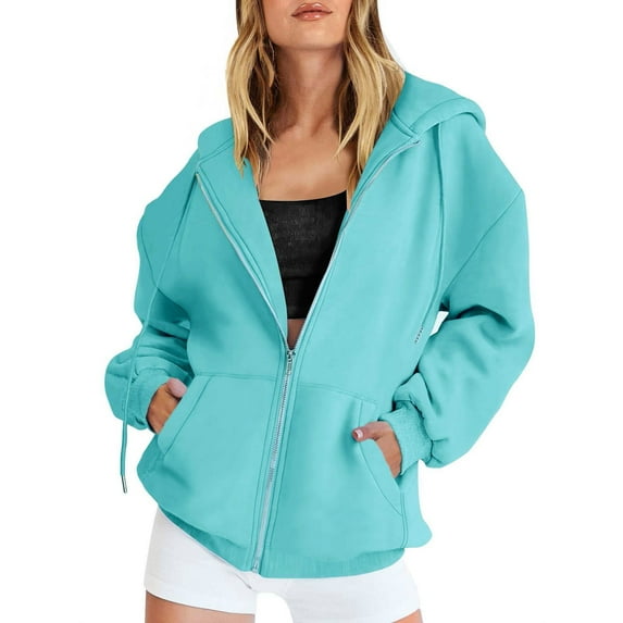 BODOAO Womens Zip Up Hoodies Long Sleeve Oversized Sweatshirts Y2K Jacket with Pockets 2025 Fall Fashion Clothes Fall Jacket Sweatshirt Zipper Track Jacket Solid Color Top Light Blue 4Xl