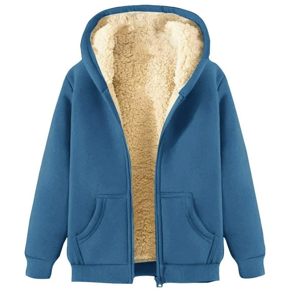 BODOAO Womens Zip Up Hoodies Sherpa Lined Fleece Thermal Jacket Full Zip Winter Warm Casual Thick Coats Pockets Womens Printed Neck Long Sleeve Pocket Sweatshirt Tops Blue Xl