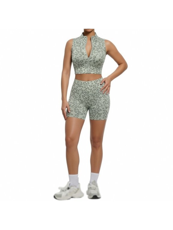 Workout Sets for Women, 2 Piece Leopard Print High Neck Zip Front Sleeveless Crop Tank Top and High Waisted Biker Shorts, Stretchy Breathable Activewear Outfit Green S