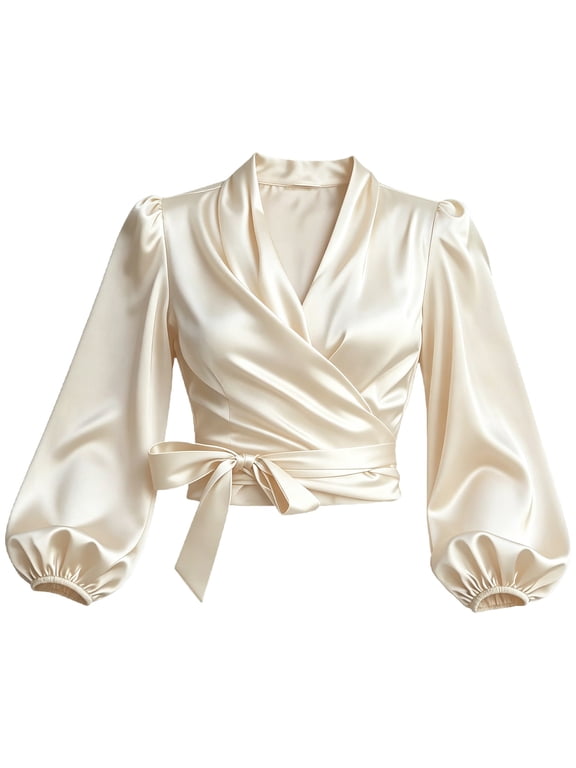 Wrap Blouse for Women Cropped V Neck Top with Tie Waist Bishop Puff Sleeves Gathered Cuffs and Surplice Front Dressy Crop Top for Going Out and Parties A XL