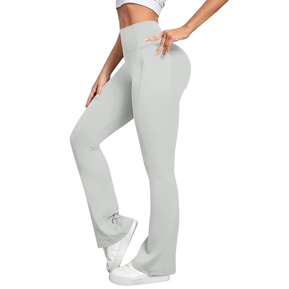 BODOAO Yoga Pants for Women Flare Capri Fit Elastic Waist Pants High Waisted Yoga Moisture Wicking With Pockets Wide Leg Lightweight Cropped Capri Pull on Travel Easy To Style Light Ashy XL