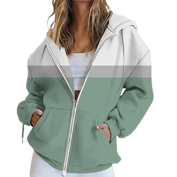 BODOAO Zip Up Hoodie Women Fall Jacket Oversized Sweatshirt Zipper Long Sleeve Tops Color Block Long Sleeve Sweatshirts Fall Outfits 2025 O Versized Hoodies Casual Fashion Jackets Green 3Xl