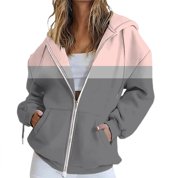 BODOAO Zip Up Hoodie Women Fall Jacket Oversized Sweatshirt Zipper Long Sleeve Tops Color Block Long Sleeve Sweatshirts Fall Outfits 2025 O Versized Hoodies Casual Fashion Jackets Grey 3Xl