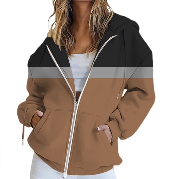 BODOAO Zip Up Hoodie Women Fall Jacket Oversized Sweatshirt Zipper Long Sleeve Tops Color Block Long Sleeve Sweatshirts Fall Outfits 2025 O Versized Hoodies Casual Fashion Jackets Coffee Xl