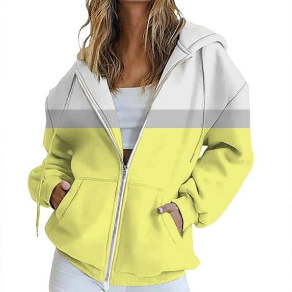 BODOAO Zip Up Hoodie Women Fall Jacket Oversized Sweatshirt Zipper Long Sleeve Tops Color Block Long Sleeve Sweatshirts Fall Outfits 2025 O Versized Hoodies Casual Fashion Jackets Yellow Xl