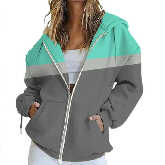 BODOAO Zip Up Hoodie Women Fall Jacket Oversized Sweatshirt Zipper Long Sleeve Tops Color Block Long Sleeve Sweatshirts Fall Outfits 2025 O Versized Hoodies Casual Fashion Jackets Grey 3Xl