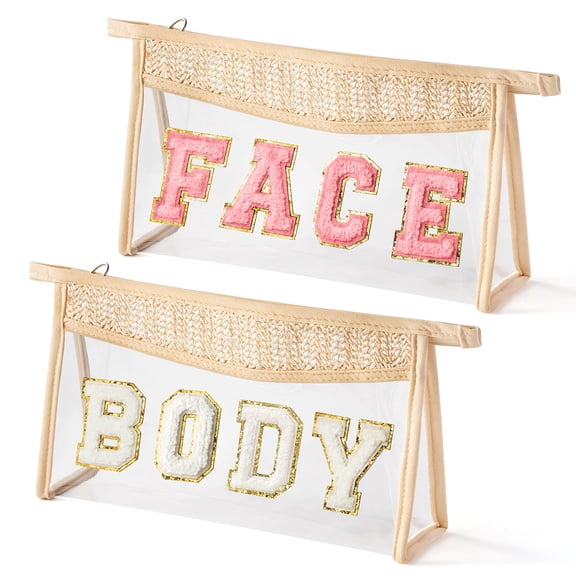2 Pack Straw Triangle Makeup Bag with Alphabet Patches, Large Beige