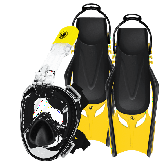 BODY GLOVE - FREE BREATHING SNORKEL FULL FACE MASK SET-WITH FINS-TRAVEL BAG-ANTI FOG-ANTI LEAK-PANORAMIC VIEW-CAMERA MOUNT-OPEN WATER-SCUBA DIVING-SNORKELING GEAR( SET,L/XL)
