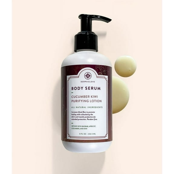 BODY SERUM  CUCUMBER KIWI by DERMAGLOVE  All-Natural Cucumber Kiwi body lotion infused with essential oils, minerals, and vitamins needed to maintain a youthful glow and restore the bodys acid mant