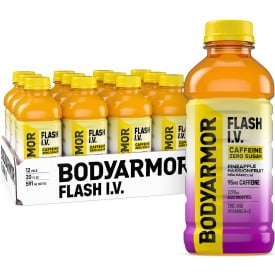 BODYARMOR FLASH I.V. Caffeine Zero Sugar Pineapple Passionfruit Bottles, 20 fl oz, 12 Pack