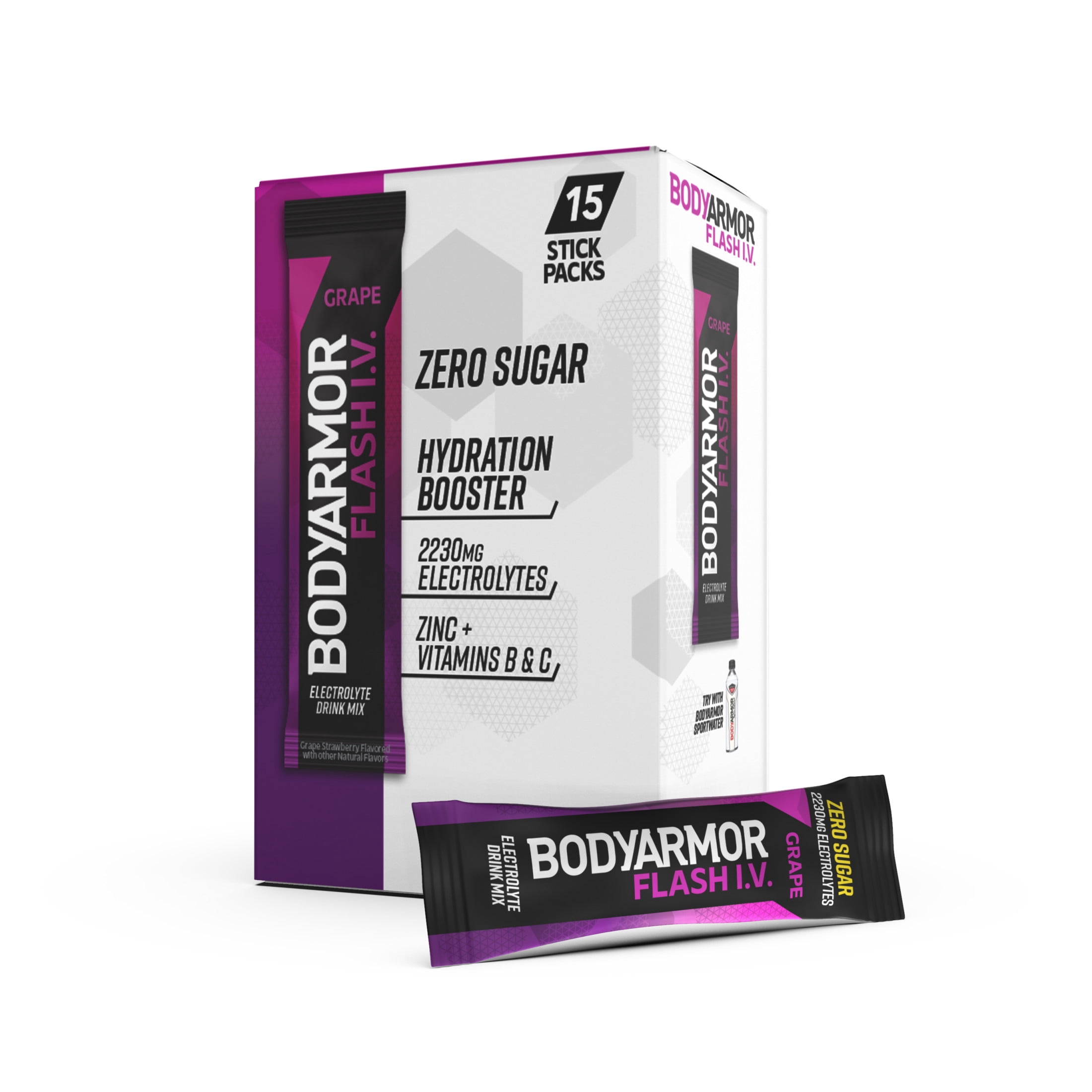 BODYARMOR FLASH I.V. Grape Zero Sugar Electrolyte Powder Mix, 0.25 dry oz, 15 Pack