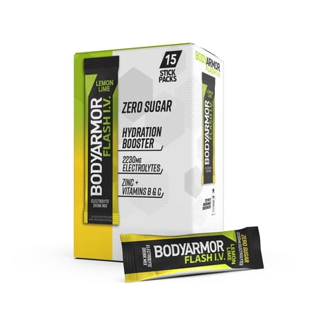 BODYARMOR Flash I.V. Lemon Lime Zero Sugar Electrolyte Powder Mix, 0.25 dry oz, 15 Pack