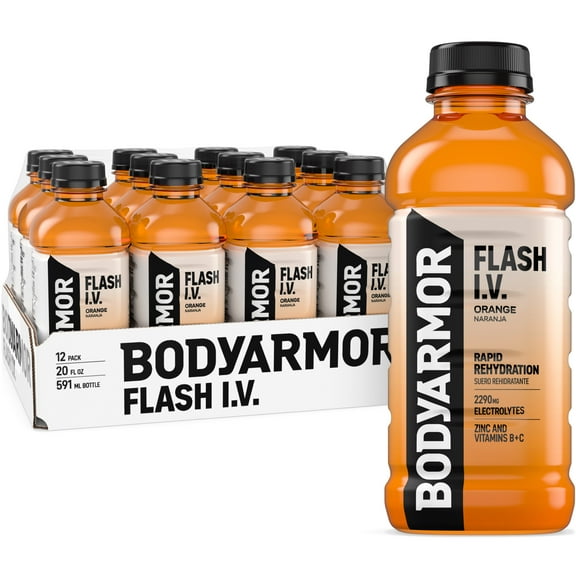 BODYARMOR Flash I.V. Orange Electrolyte Sports Drink, 20 fl oz, 12 Pack Bottles