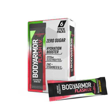 BODYARMOR Flash I.V. Rapid Rehydration Electrolyte Powder Sticks, Zero Sugar Drink Mix, Strawberry Kiwi, 6pk