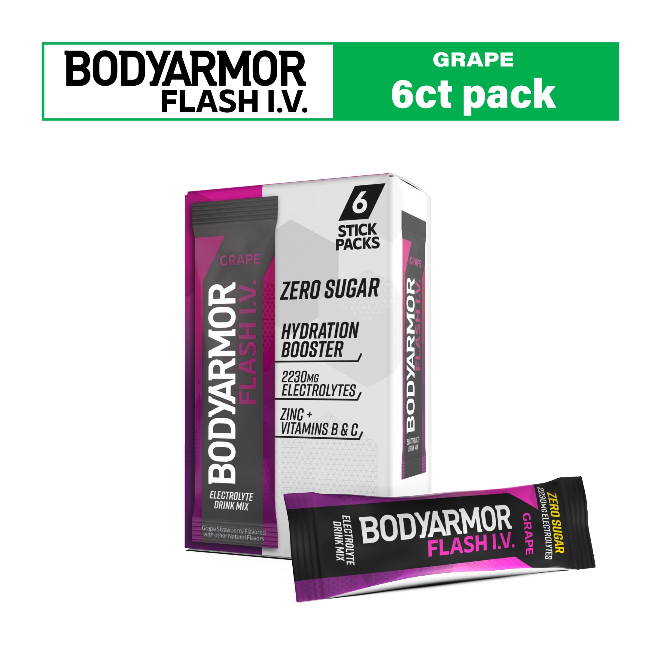BODYARMOR Flash I.V. Sticks Grape Zero Sugar Electrolyte Powder Mix, 0.25 dry oz, 6 Pack Pouches