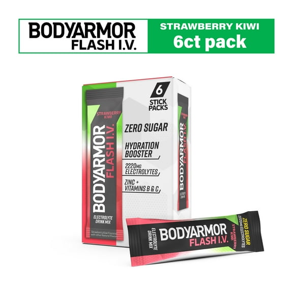 BODYARMOR Flash I.V. Strawberry Kiwi Zero Sugar Electrolyte Powder Mix, 0.25 dry oz, 6 Pack Pouches