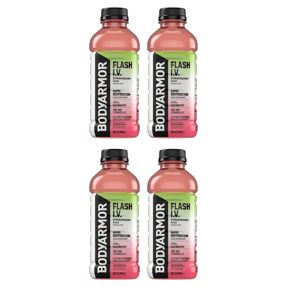 BODYARMOR Flash IV Strawberry Kiwi Electrolyte Hydration Sports Drink, 20 fl oz, (Pack of 4)