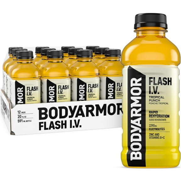 BODYARMOR Flash I.V. Tropical Punch Electrolyte Sports Drink, 20 fl oz, 12 Pack Bottles