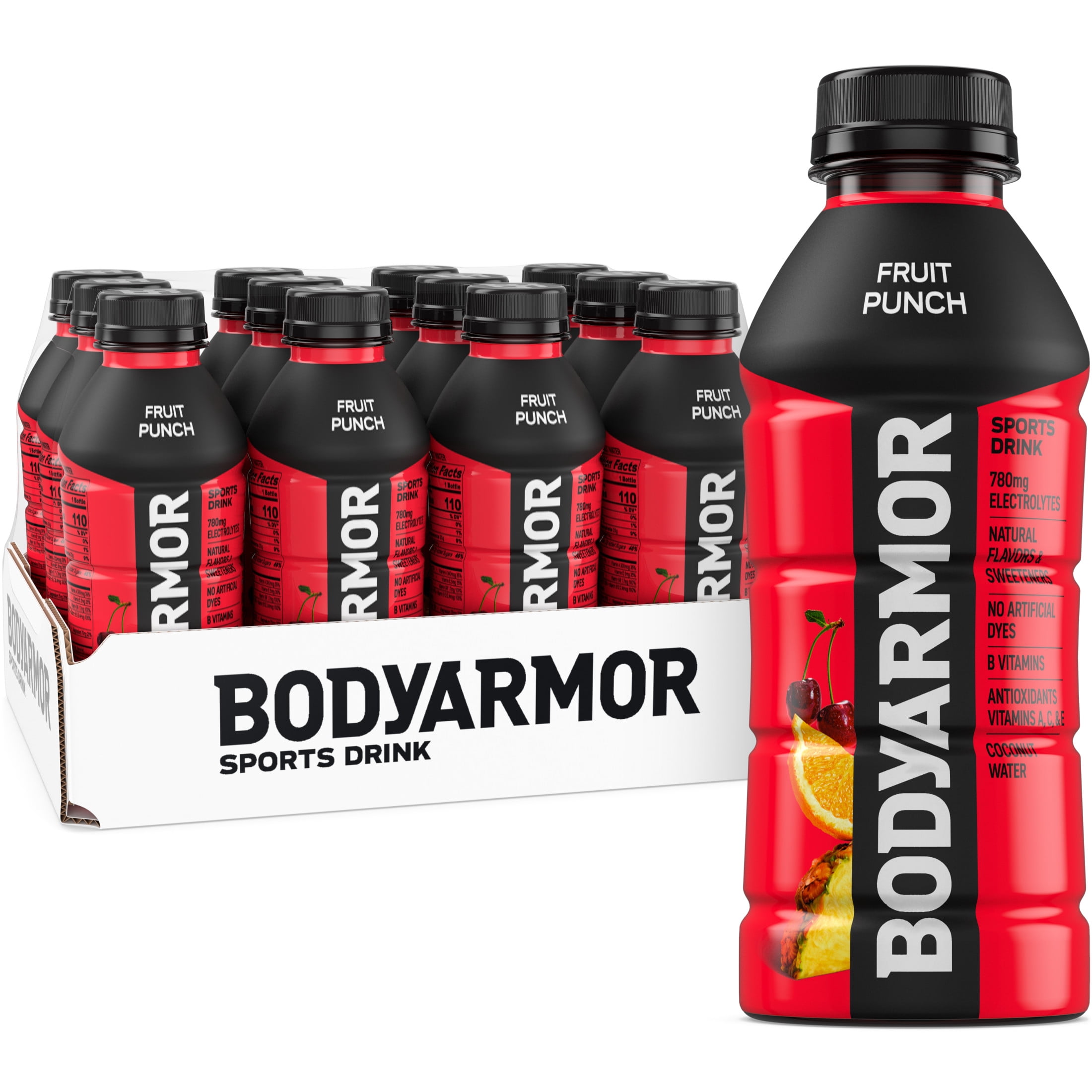 BODYARMOR Fruit Punch Electrolyte Sports Drink Bottles, 16 fl oz, 12 Pack