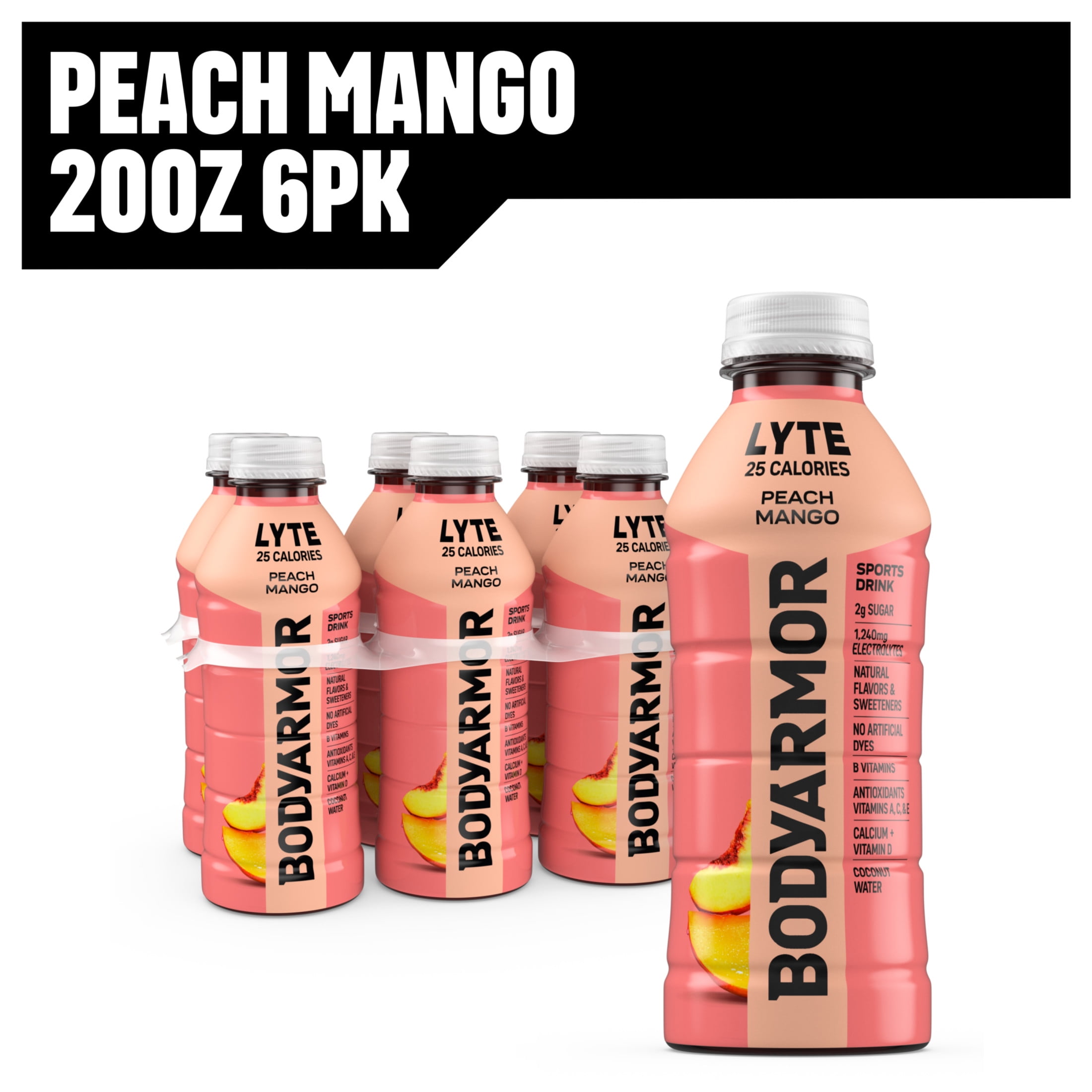 BODYARMOR Lyte Peach Mango Electrolyte Sports Drink, 20 fl oz, 6 Pack Bottles
