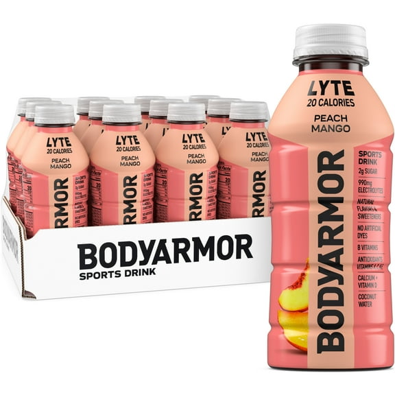 BODYARMOR Lyte Peach Mango Electrolyte Sports Drink, 16 fl oz, 12 Pack Bottles