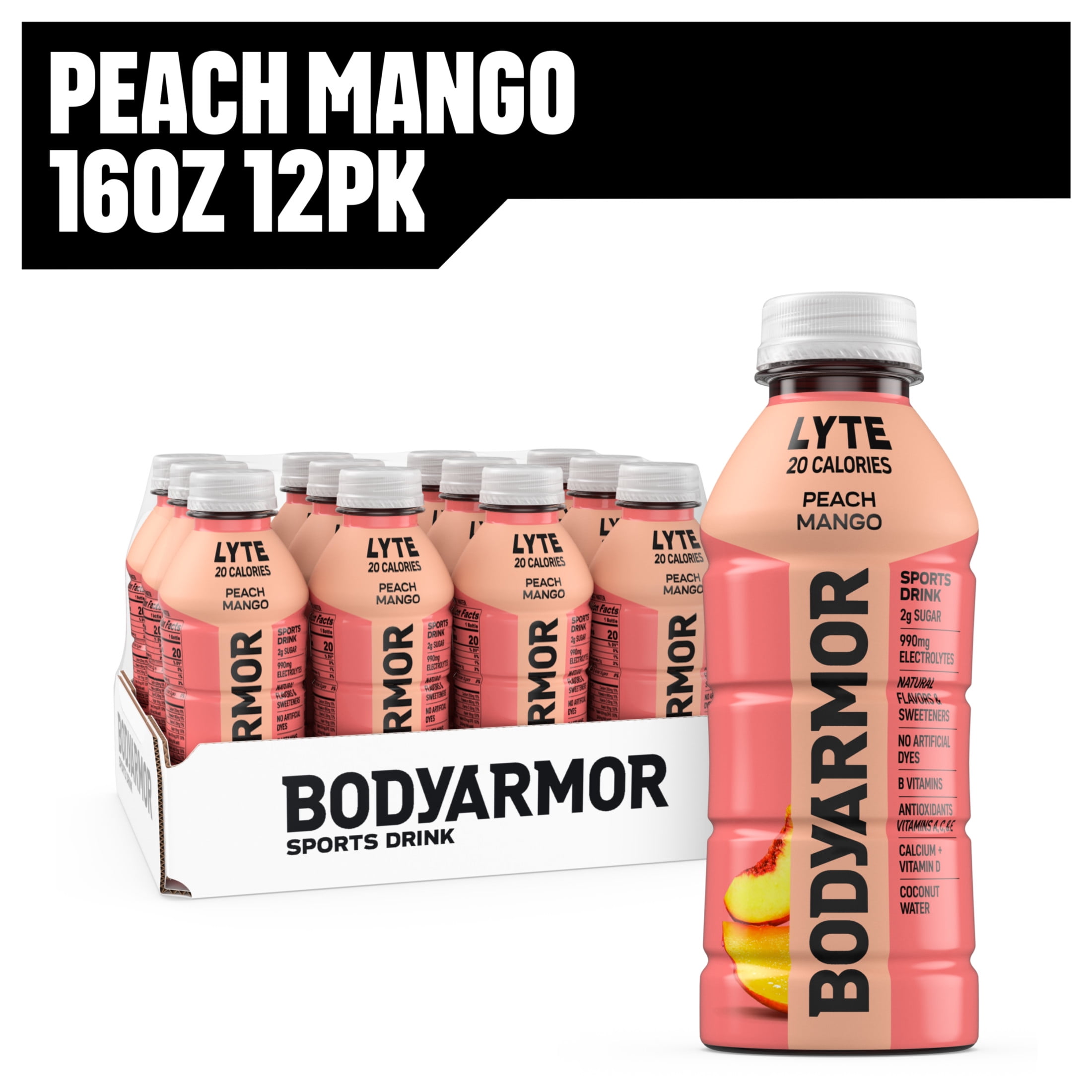 BODYARMOR Lyte Peach Mango Electrolyte Sports Drink, 16 fl oz, 12 Pack Bottles