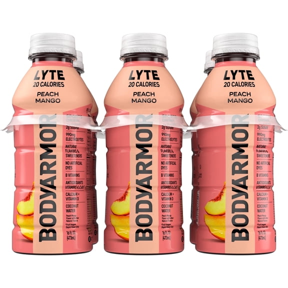 BODYARMOR Lyte Peach Mango Electrolyte Sports Drink, 16 fl oz, 6 Pack Bottles
