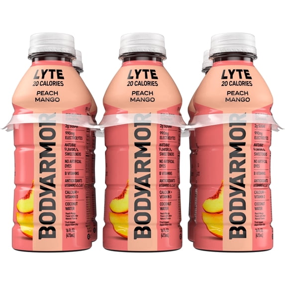 BODYARMOR Lyte Peach Mango Electrolyte Sports Drink, 16 fl oz, 6 Pack Bottles