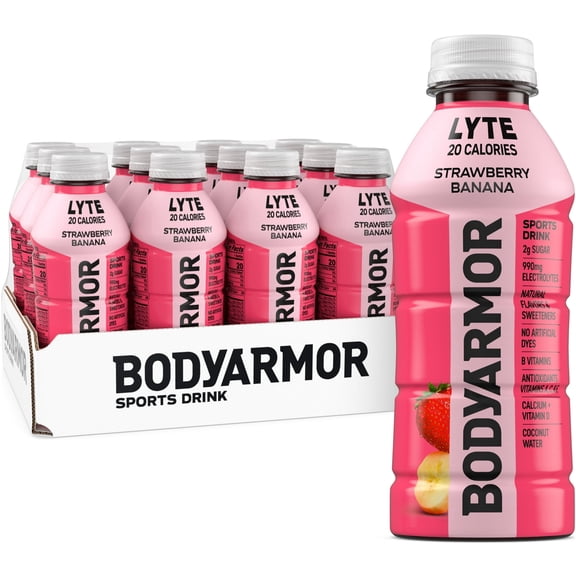 BODYARMOR Lyte Strawberry Banana Electrolyte Sports Drink, 16 fl oz, 12 Pack Bottles