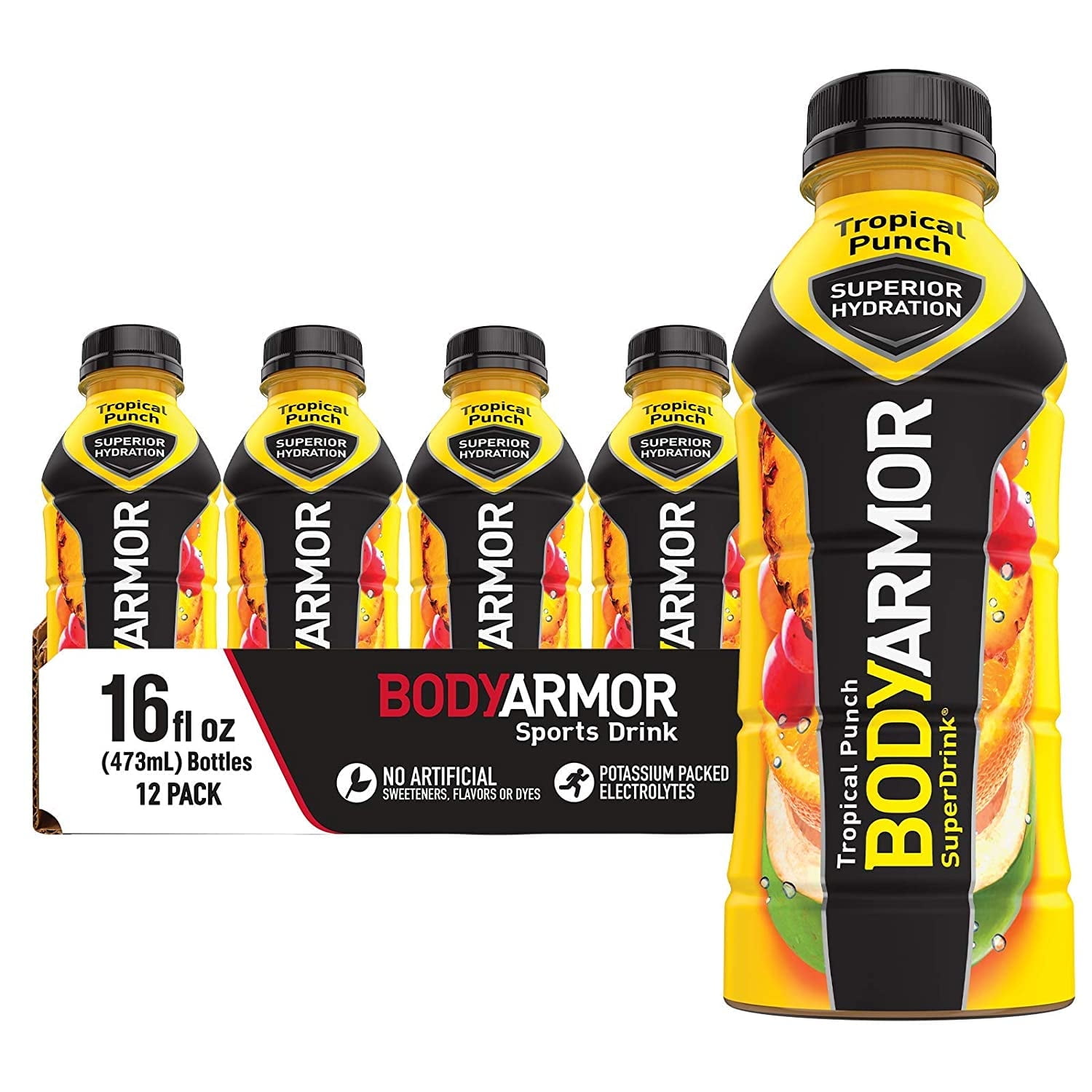 BODYARMOR Sports Drink Sports Beverage, Tropical Punch, Natural Flavor With Vitamins, Potassium-Packed Electrolytes, Perfect For Athletes, 16 Fl Oz (Pack of 12)