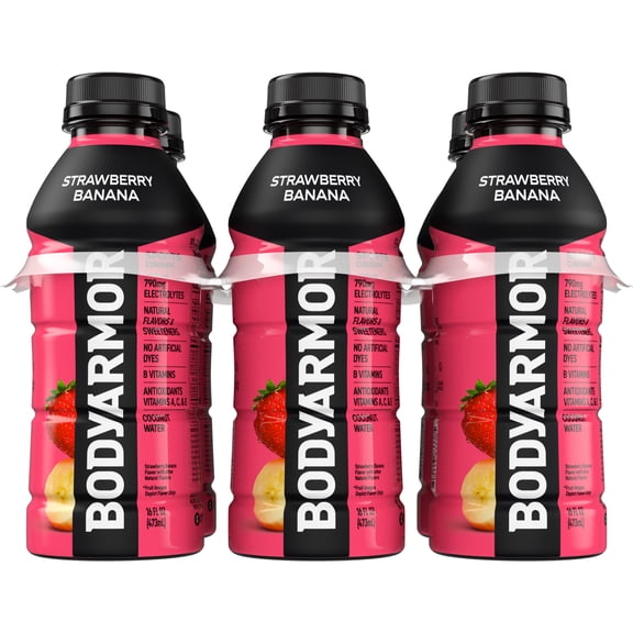 BODYARMOR Strawberry Banana Electrolyte Sports Drink, 16 fl oz, 6 Pack Bottles
