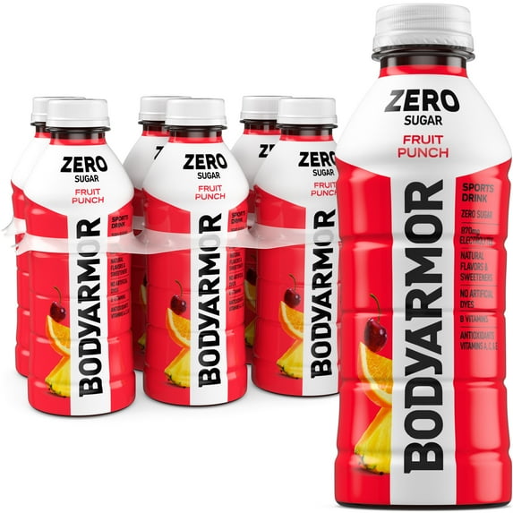 BODYARMOR Zero Sugar Fruit Punch Electrolyte Sports Drink, 20 fl oz, 6 Pack Bottles
