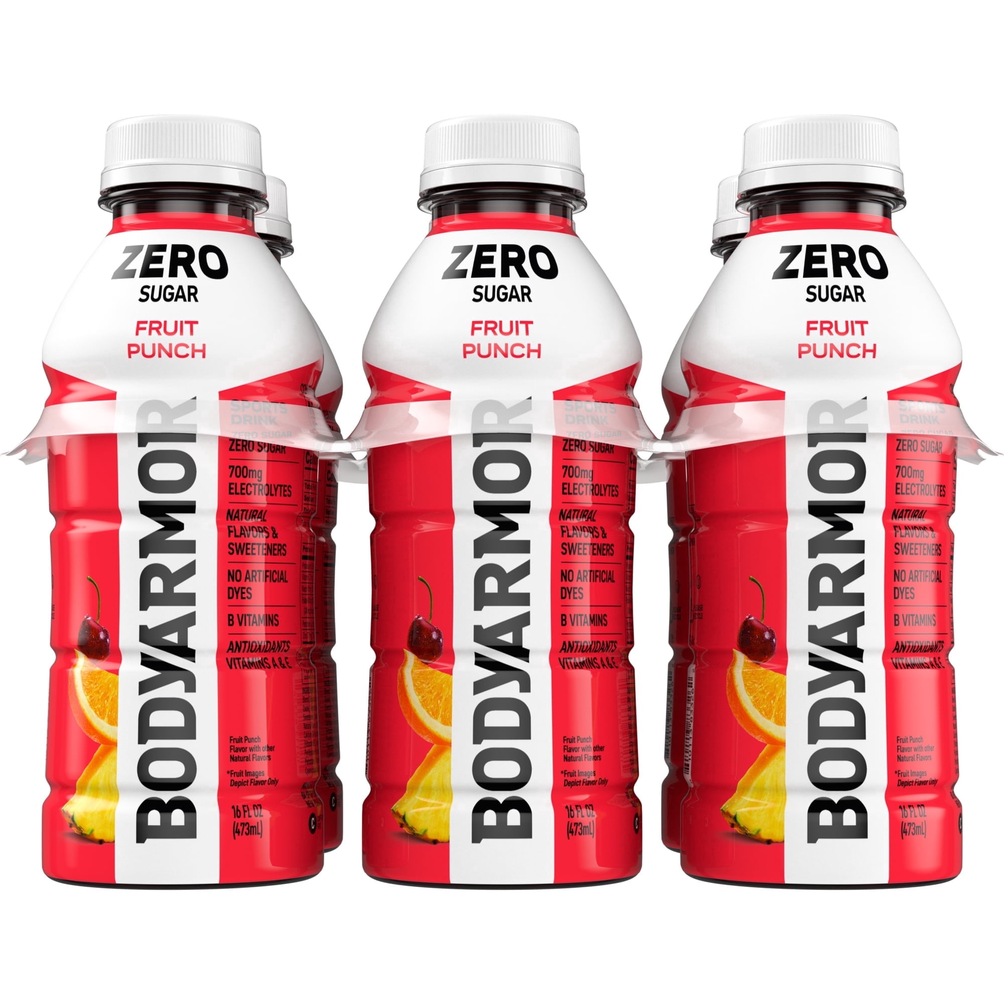 BODYARMOR Zero Sugar Fruit Punch Electrolyte Sports Drink, 16 fl oz, 6 Pack Bottles
