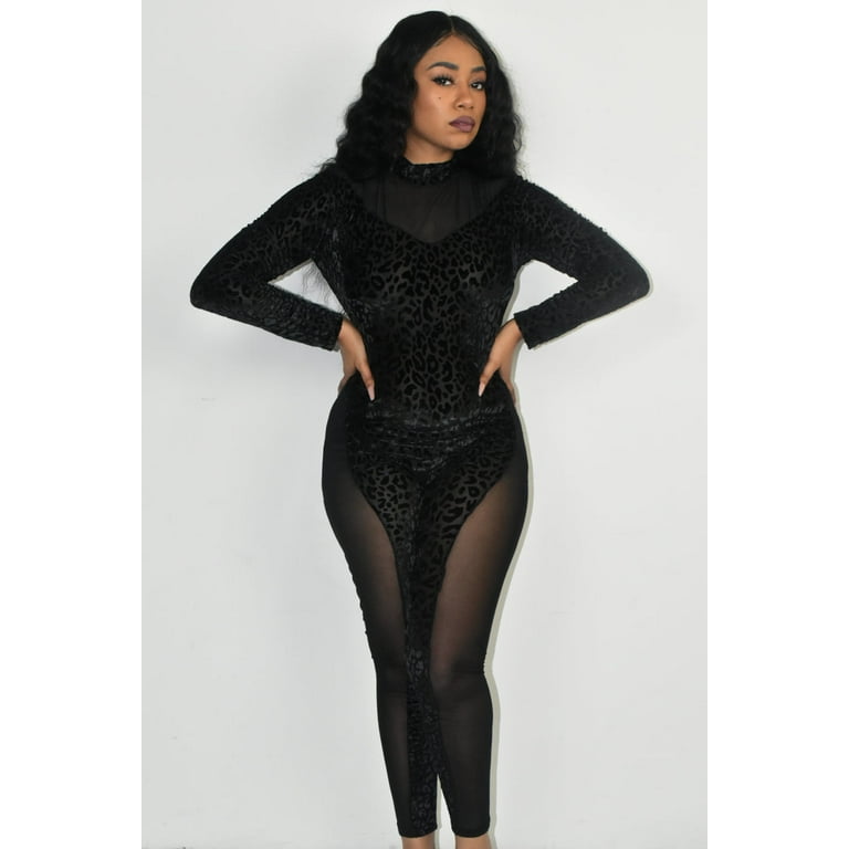 BODYFAB Women s Leopard Print Velvet Mesh Long Sleeve Jumpsuit
