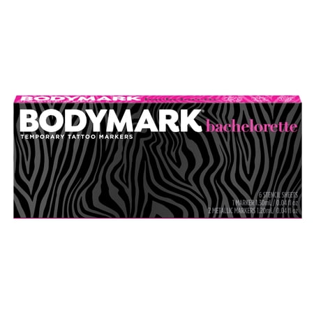 BODYMARK Bachelorette Pack, Temporary Tattoo Marker, 3-Count Markers, 6 Stencils