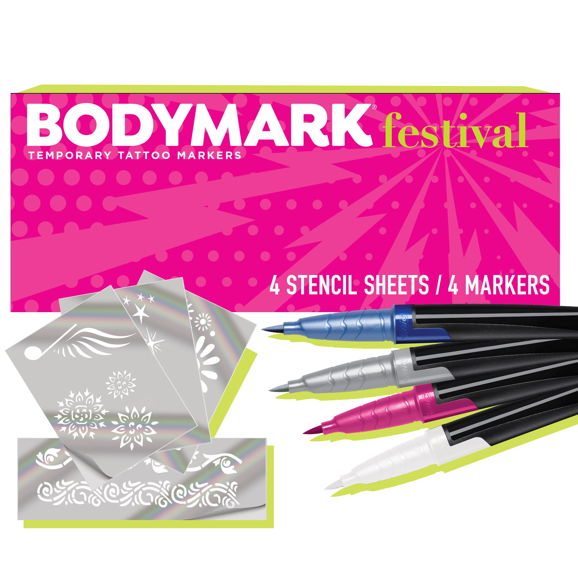 BODYMARK Festival Pack, Temporary Tattoo Marker, 4-Count Marker Set, 7 Stencils