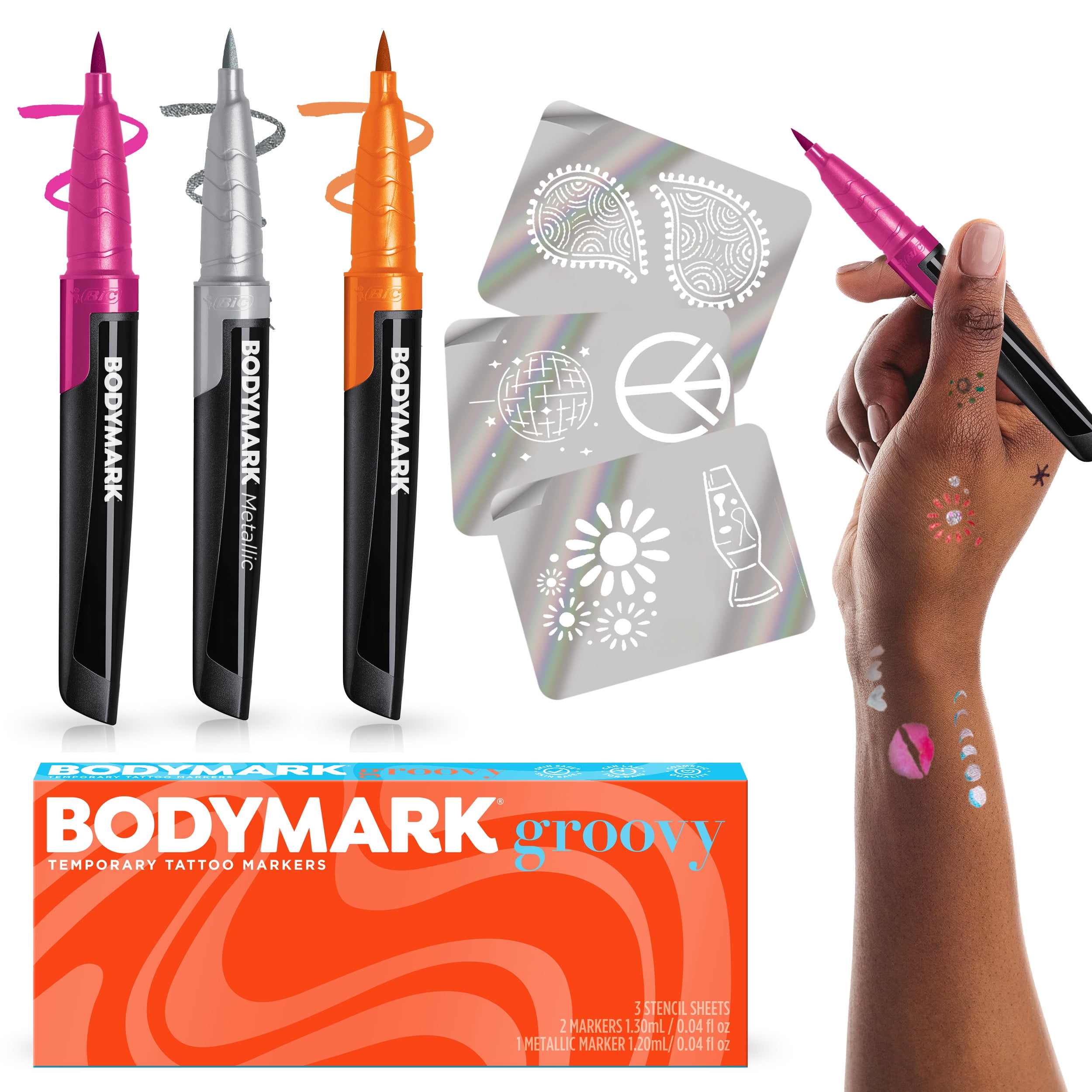 BODYMARK Groovy Pack, Temporary Tattoo Marker for Skin, Premium Brush
